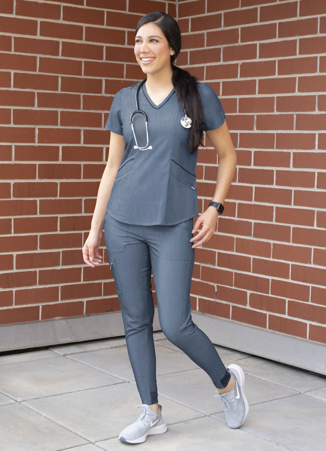 Adar Collection Heather Navy- Heather Navy Pro Women's Scrub Top Modern V-neck Scrub Top